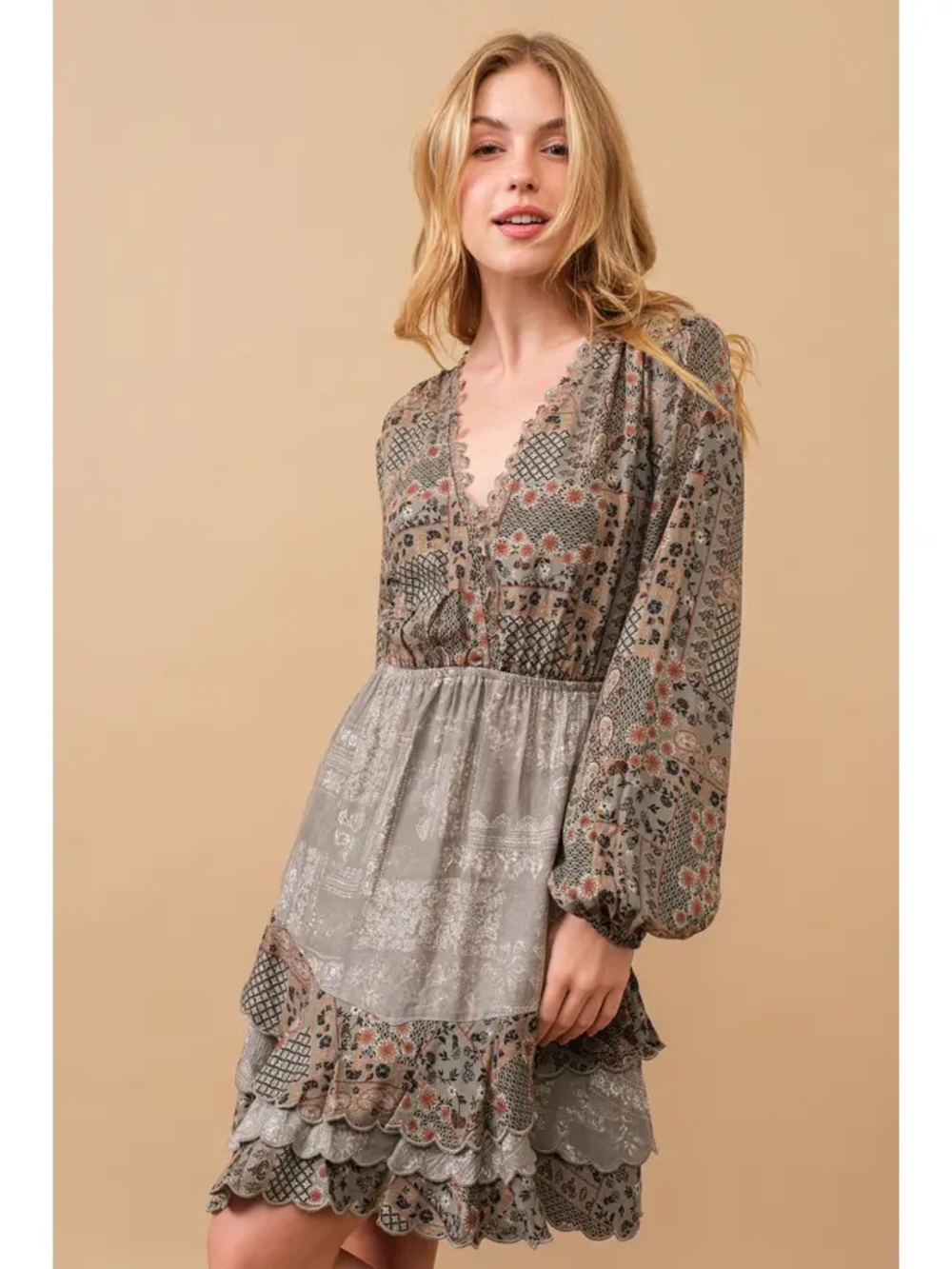 Blue B Vintage Paisley Pattern Scalloped Tiered Wrap Lace Trim Mini Dress